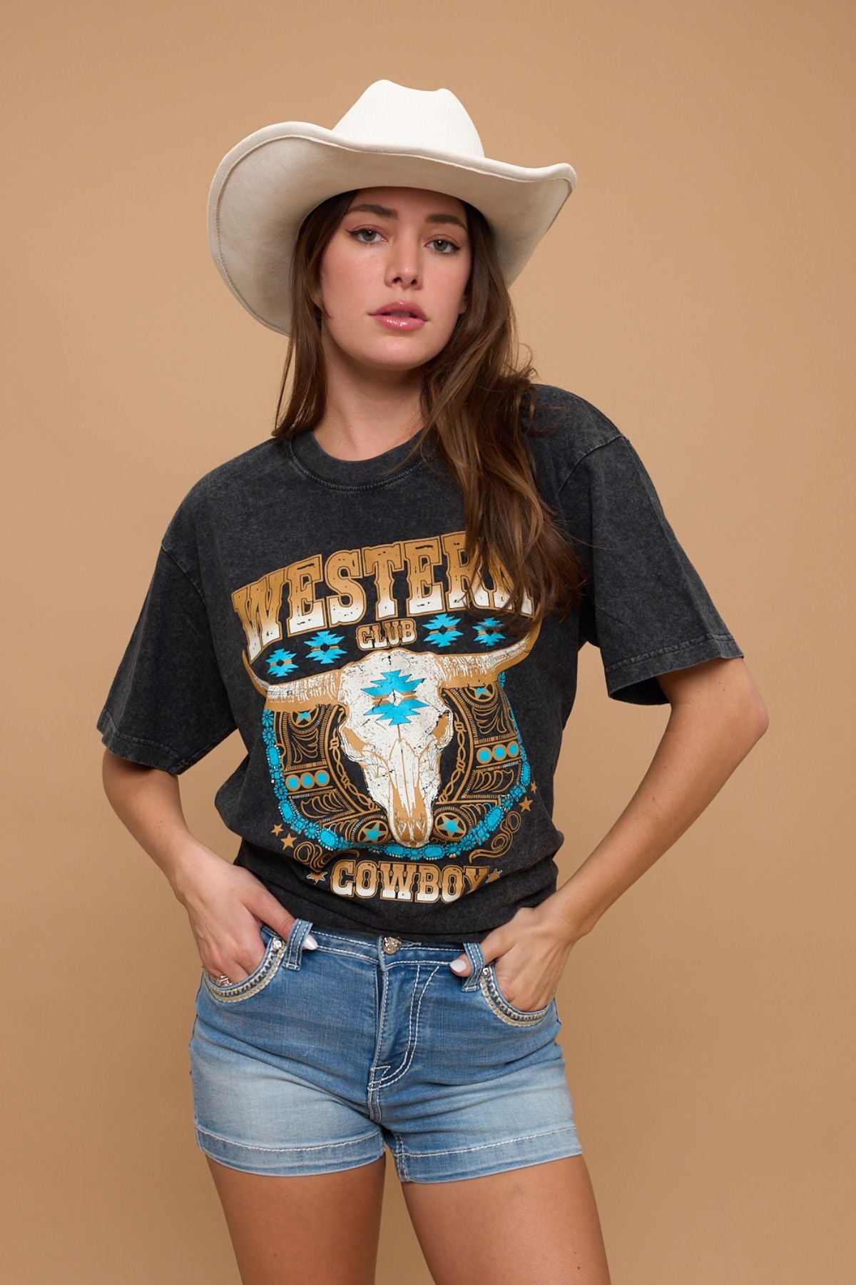 MINERAL WASH 100% COTTON WESTERN TEES - LONGHORN