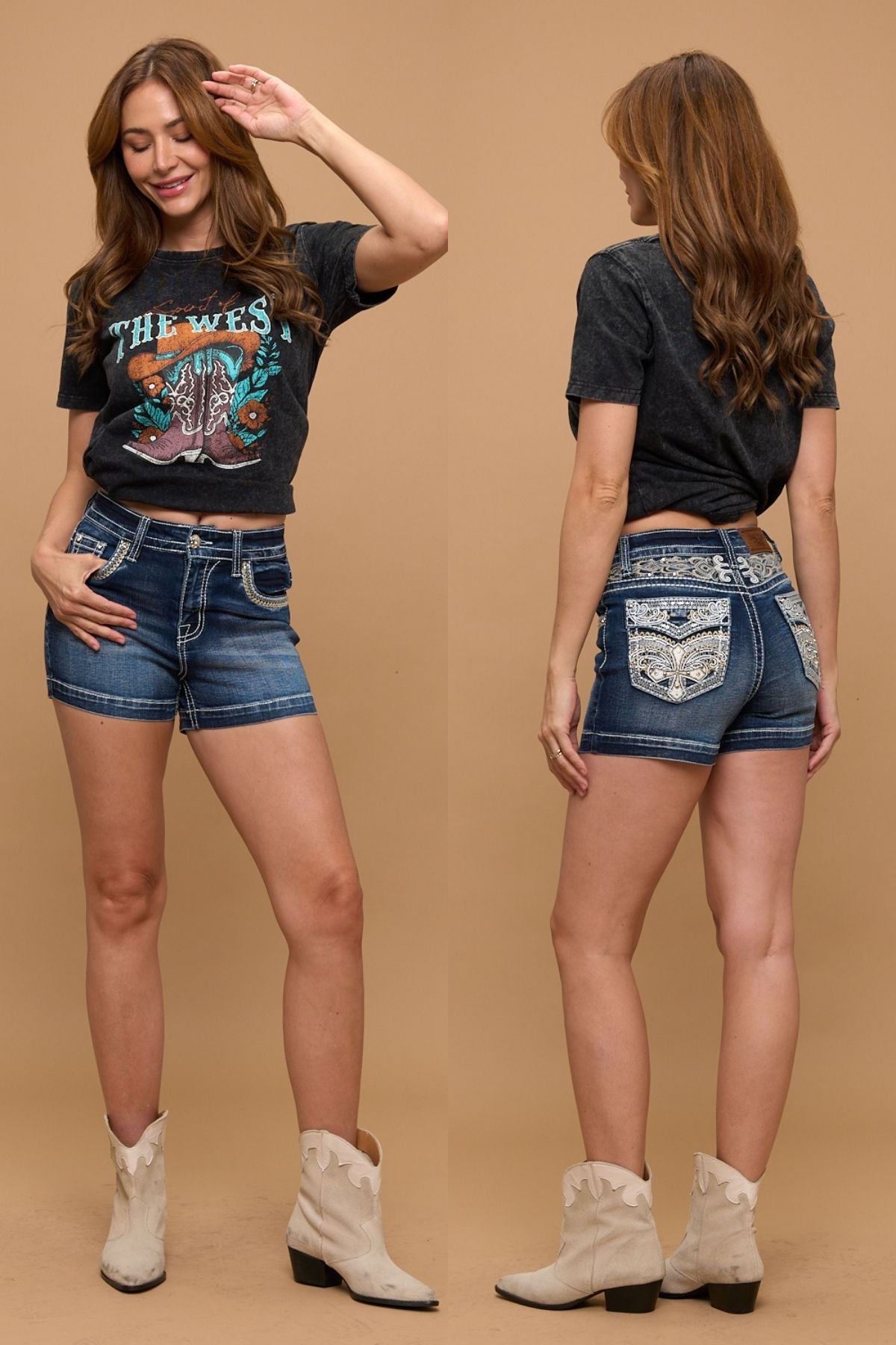 WH-027 EMBROIDERED STRETCHY WOMEN'S HIGH-RISE DENIM SHORTS
