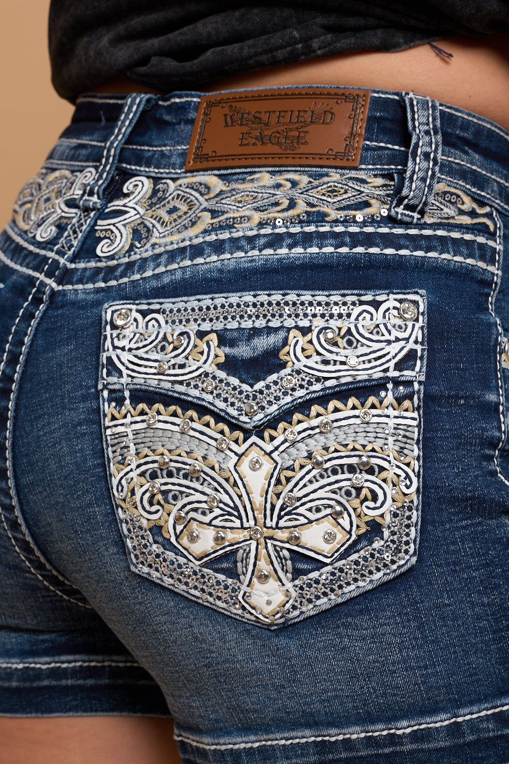 WH-027 EMBROIDERED STRETCHY WOMEN'S HIGH-RISE DENIM SHORTS